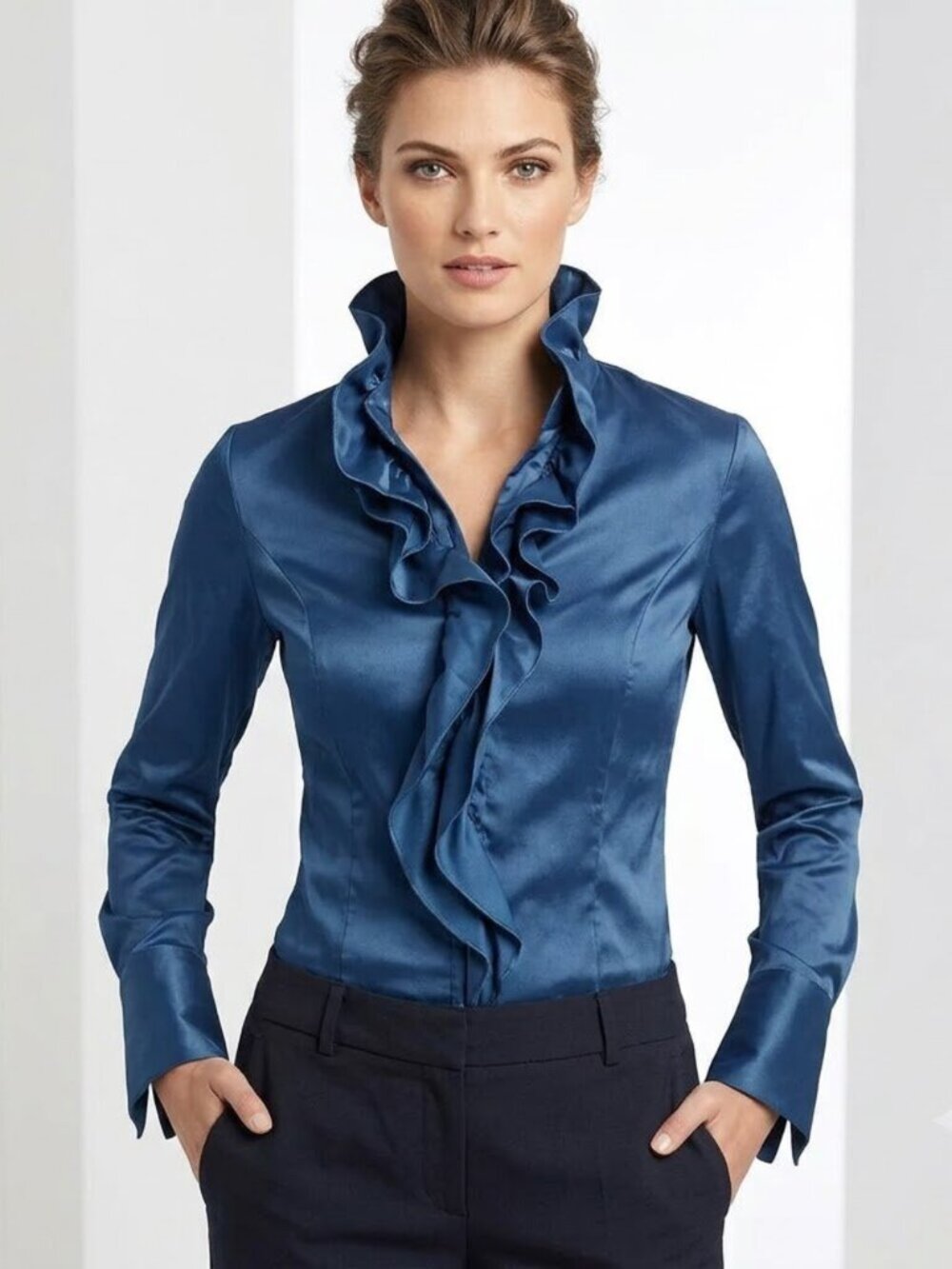 Samuel Dong Vintage Slate Blue Ruffled Zip-Front Jacket Women's Slim-Fit Shacket
